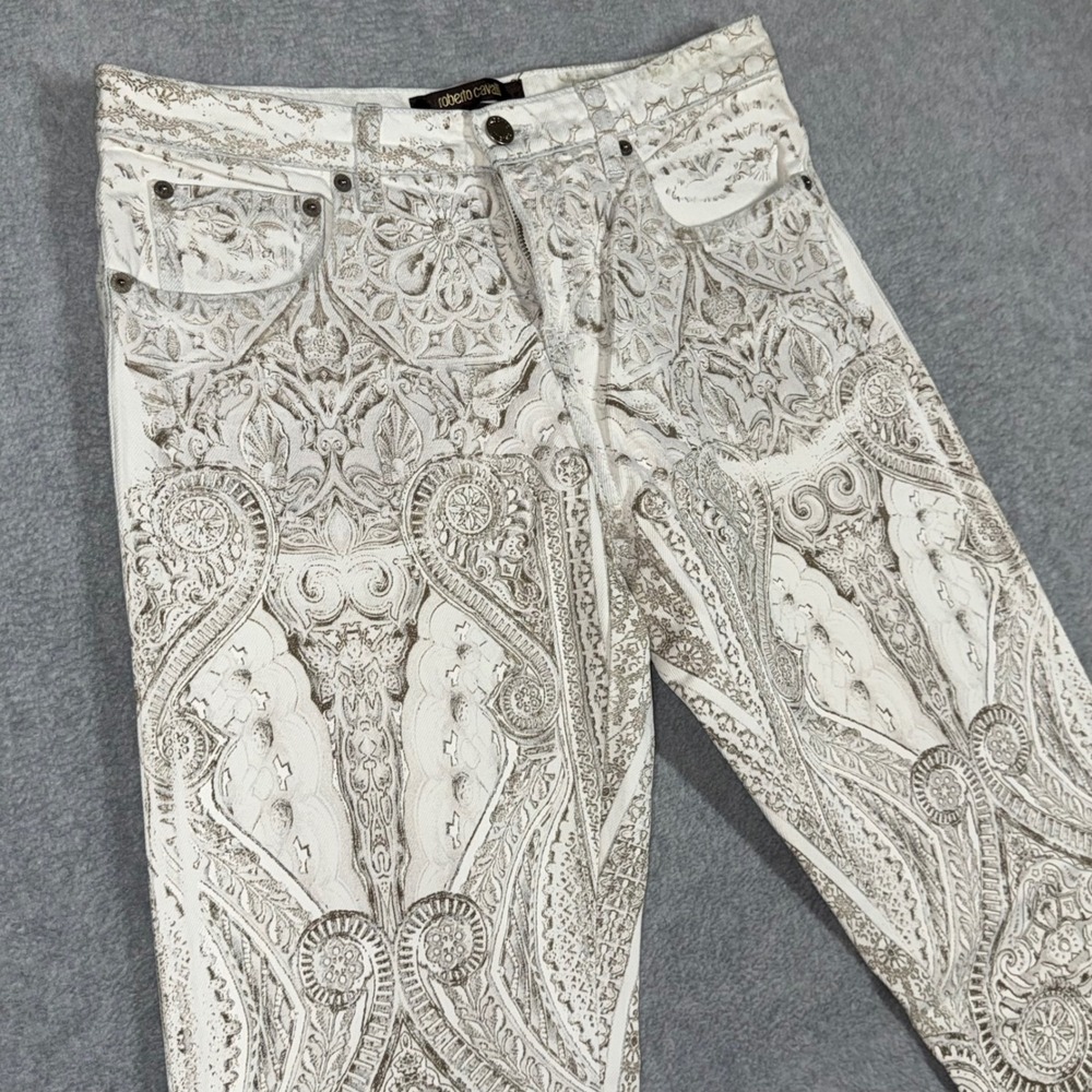 Roberto Cavalli Women Baroque Paisley Print Straight Leg Jeans Brown IT 40 30x31